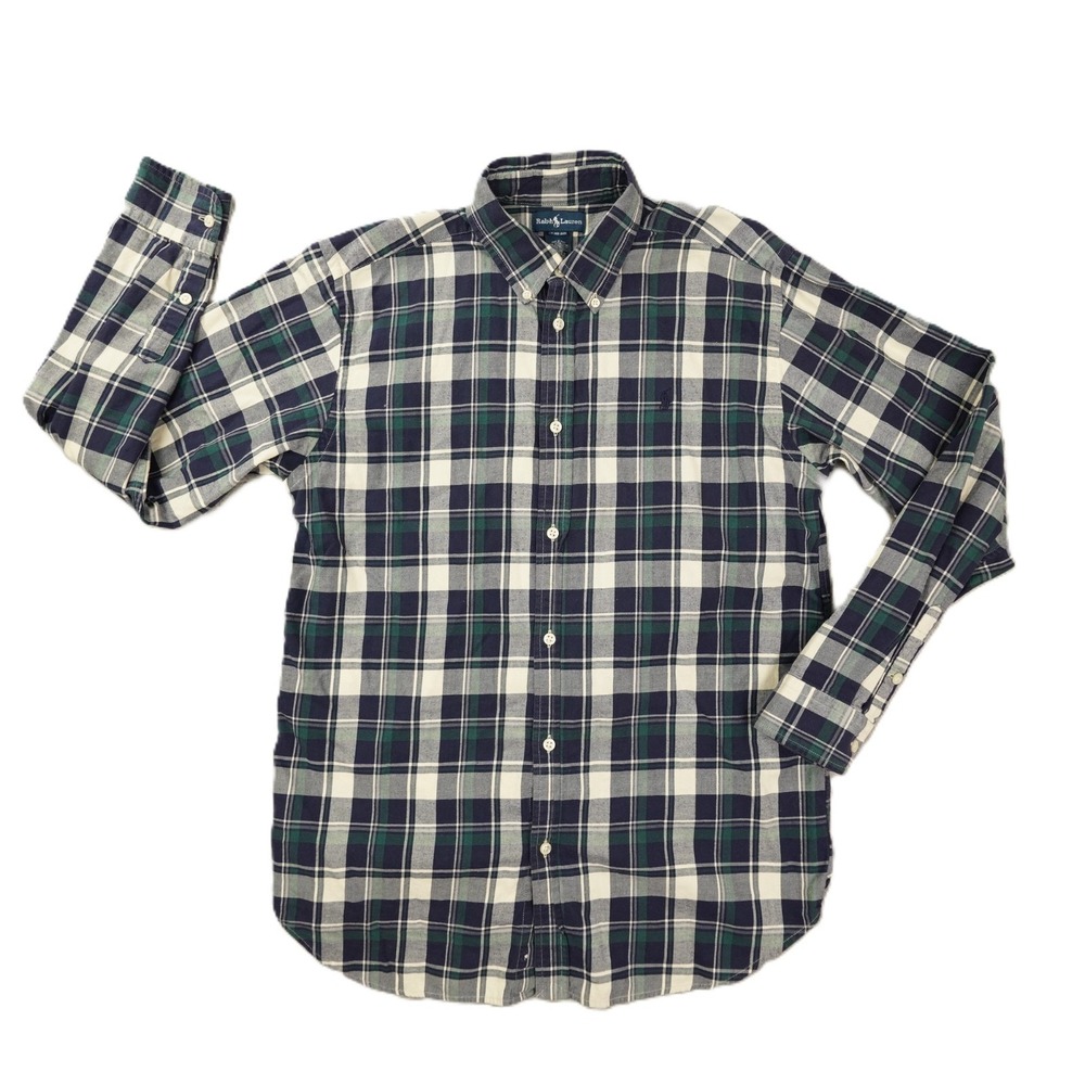 Ralph Lauren Boys XL 18-20 Plaid Long Sleeve Button Up Shirt Blue Green White